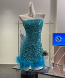 Ndyad Blue Strapless A-Line Sequin Short Party Dresses Homecoming Dresses HZ1024