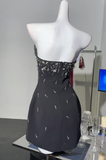 Ndyad Black Strapless Sheath Satin Beaded Short Party Dresses Homecoming Dresses HZ1024