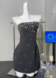 Ndyad Black Strapless Sheath Satin Beaded Short Party Dresses Homecoming Dresses HZ1024
