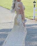 Ndyad Blue V-neck Sheath Sequins Long Prom Dresses Formal Backless Evening Gowns with Slits HZ1024
