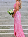 Ndyad Blue V-neck Sheath Sequins Long Prom Dresses Formal Backless Evening Gowns with Slits HZ1024