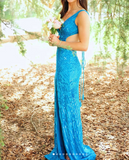 Ndyad Blue V-neck Sheath Sequins Long Prom Dresses Formal Backless Evening Gowns with Slits HZ1024