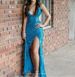 Ndyad Blue V-neck Sheath Sequins Long Prom Dresses Formal Backless Evening Gowns with Slits HZ1024