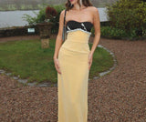 Ndyad Yellow Strapless Sheath Satin Beaded Long Prom Dresses Formal Evening Gowns HZ1024
