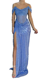 Ndyad Grey Blue Off Shoulder Sheath Glitter Satin Long Prom Dresses Formal Evening Gowns with Slits HZ1024