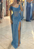 Ndyad Grey Blue Off Shoulder Sheath Glitter Satin Long Prom Dresses Formal Evening Gowns with Slits HZ1024