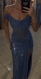 Ndyad Grey Blue Off Shoulder Sheath Glitter Satin Long Prom Dresses Formal Evening Gowns with Slits HZ1024