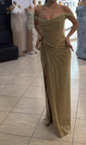 Ndyad Grey Blue Off Shoulder Sheath Glitter Satin Long Prom Dresses Formal Evening Gowns with Slits HZ1024