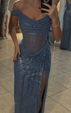 Ndyad Grey Blue Off Shoulder Sheath Glitter Satin Long Prom Dresses Formal Evening Gowns with Slits HZ1024