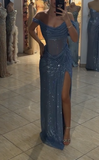 Ndyad Grey Blue Off Shoulder Sheath Glitter Satin Long Prom Dresses Formal Evening Gowns with Slits HZ1024