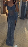 Ndyad Grey Blue Off Shoulder Sheath Glitter Satin Long Prom Dresses Formal Evening Gowns with Slits HZ1024