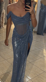 Ndyad Grey Blue Off Shoulder Sheath Glitter Satin Long Prom Dresses Formal Evening Gowns with Slits HZ1024