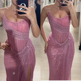 Ndyad Pink Strapless Sheath Glitter Sequins Long Prom Dresses Formal Evening Gowns with Slits HZ1024
