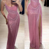 Ndyad Pink Strapless Sheath Glitter Sequins Long Prom Dresses Formal Evening Gowns with Slits HZ1024