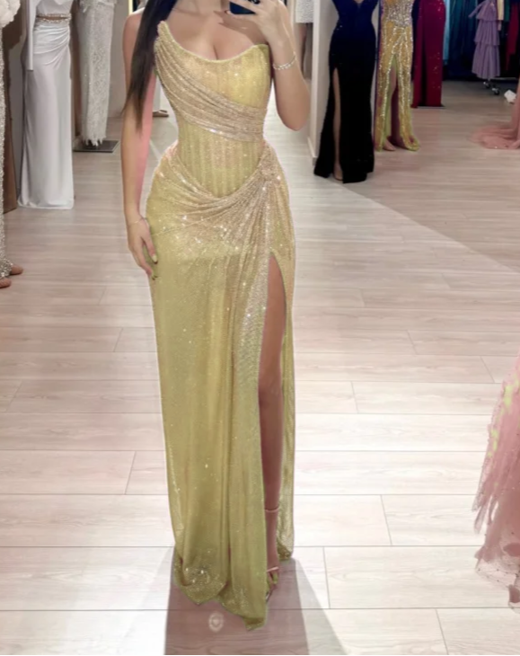 Ndyad Pink Strapless Sheath Glitter Sequins Long Prom Dresses Formal Evening Gowns with Slits HZ1024