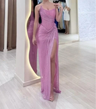 Ndyad Pink Strapless Sheath Glitter Sequins Long Prom Dresses Formal Evening Gowns with Slits HZ1024