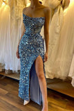 Ndyad Blue Strapless Mermaid Sequins Long Prom Dresses Formal Evening Gowns with Slits HZ1024