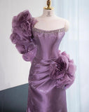 Ndyad Purple Strapless Mermaid Satin Long Prom Dresses Formal Evening Gowns HZ1024