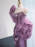 Ndyad Purple Strapless Mermaid Satin Long Prom Dresses Formal Evening Gowns HZ1024