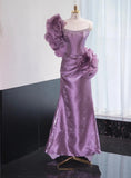Ndyad Purple Strapless Mermaid Satin Long Prom Dresses Formal Evening Gowns HZ1024