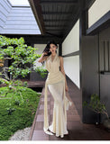 Ndyad Apricot Halter Neck Mermaid Chiffon Long Prom Dresses Formal Evening Gowns with Open Back HZ1024