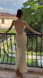 Ndyad Apricot Halter Neck Mermaid Chiffon Long Prom Dresses Formal Evening Gowns with Open Back HZ1024