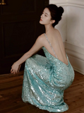 Ndyad Mint Green One Shoulder Memaid Sequins Long Prom Dresses Formal Evening Gowns with Open Back HZ1024