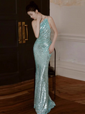 Ndyad Mint Green One Shoulder Memaid Sequins Long Prom Dresses Formal Evening Gowns with Open Back HZ1024