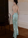Ndyad Mint Green One Shoulder Memaid Sequins Long Prom Dresses Formal Evening Gowns with Open Back HZ1024
