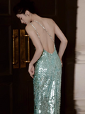 Ndyad Mint Green One Shoulder Memaid Sequins Long Prom Dresses Formal Evening Gowns with Open Back HZ1024