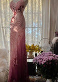 Ndyad Pink Spaghetti Straps Mermaid Chiffon Beading Long Prom Dresses Vintage Evening Gowns HZ1024