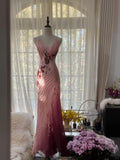 Ndyad Pink Spaghetti Straps Mermaid Chiffon Beading Long Prom Dresses Vintage Evening Gowns HZ1024