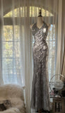 Ndyad Grey V-Neck Mermaid Lace Beading Long Prom Dresses Vintage Evening Gowns HZ1024