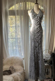 Ndyad Grey V-Neck Mermaid Lace Beading Long Prom Dresses Vintage Evening Gowns HZ1024