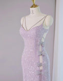 Ndyad Light Purple V-neck Sheath Lace Beading Long Prom Dresses Formal Evening Gowns with Slits HZ1024