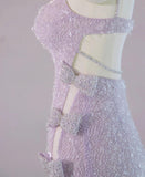 Ndyad Light Purple V-neck Sheath Lace Beading Long Prom Dresses Formal Evening Gowns with Slits HZ1024