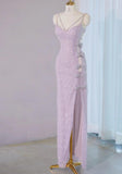 Ndyad Light Purple V-neck Sheath Lace Beading Long Prom Dresses Formal Evening Gowns with Slits HZ1024