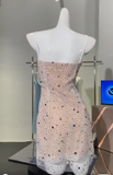 Ndyad Spaghetti Straps Champagne Sheath Tulle Diamond Short Party Dresses Homecoming Dresses HZ1024