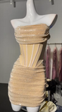 Ndyad Strapless Light Champagne Bodycon Velvet Short Prom Dresses Homecoming Dresses HZ1024