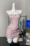 Ndyad Pink Strapless Bodycon Glitter Satin Short Party Dresses Homecoming Dresses HZ1024