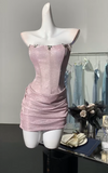 Ndyad Pink Strapless Bodycon Glitter Satin Short Party Dresses Homecoming Dresses HZ1024