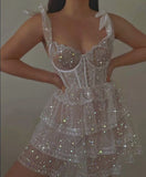 Ndyad White Sweetheart A-Line Glitter Tulle Lace Short Prom Dresses Cute Homecoming Dresses HZ1024