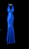 Ndyad Blue V Neck Mermaid Satin Long Prom Dresses Formal Evening Gowns with Open Back HZ1024