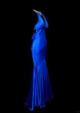 Ndyad Blue V Neck Mermaid Satin Long Prom Dresses Formal Evening Gowns with Open Back HZ1024