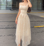 Ndyad Apricot Square Neck A-Line Tulle Sequins Long Prom Dresses Birthday Evening Dress Gowns HZ1024