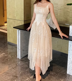 Ndyad Apricot Square Neck A-Line Tulle Sequins Long Prom Dresses Birthday Evening Dress Gowns HZ1024
