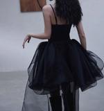 Ndyad Black Spaghetti Straps A-Line Tulle Hi-Lo Prom Dresses Birthday Party Dresses HZ1024