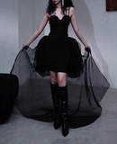 Ndyad Black Spaghetti Straps A-Line Tulle Hi-Lo Prom Dresses Birthday Party Dresses HZ1024