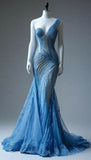 Ndyad Blue One Shoulder Mermaid Tulle Beading Long Prom Dresses Formal Evening Gowns HZ1024