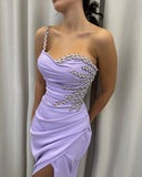 Ndyad Lilac One Shoulder Mermaid Satin Diamond Long Prom Dresses Formal Evening Gowns with Slits HZ1024